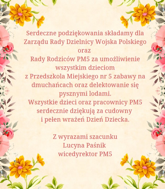 podziekowanie dla zarządu dzielnicy wojks polskiego oraz rady rodziców pm5 w gliwicach od wicedyrektora pm5