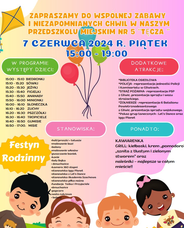 Plakat - Festyn, który odbędzie się 7.06.24 w przedszkolu "Tęcza"