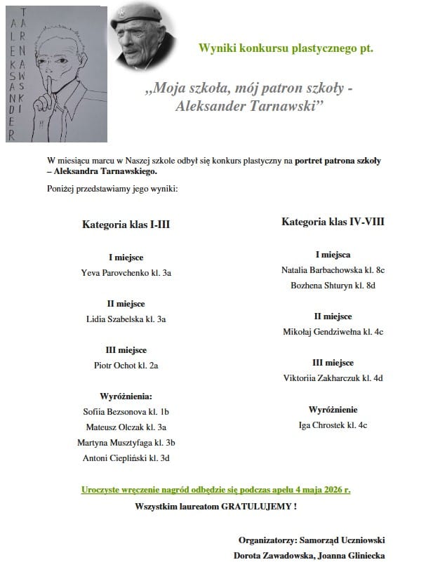 Wyniki konkursu &ndash; &bdquo;Moja szkoła, m&oacute;j patron szkoły &ndash; Aleksander Tarnawski&rdquo;